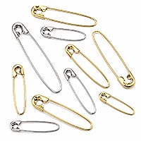 Collection of assorted gold and silver coil-less safety pins in various sizes, also known as coiless or coilless safety pins, displayed on a white background.