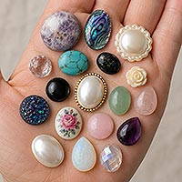 Close-up of assorted cabochons in a person's hand, including a scalloped pearl cabochon, a domed white pearl oval cabochon, and various gemstone, resin, and glass designs.
