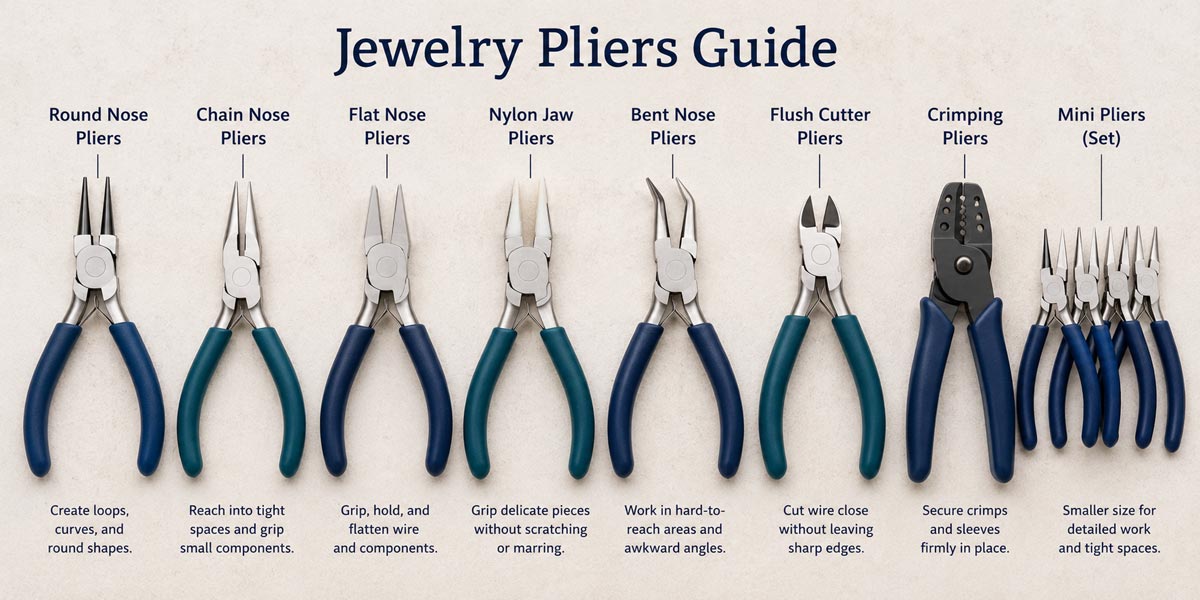 Jewelry pliers guide comparing round nose, chain nose, flat nose, nylon jaw, bent nose, flush cutter, crimping, and mini jewelry pliers, with labels describing the purpose and best use of each type.