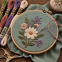 Close-up of an embroidery project in progress featuring colorful DMC embroidery floss, a wooden embroidery hoop with blue-green fabric, a threaded embroidery needle, and a partially stitched floral design on a crafting table.