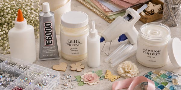 Assortment of craft adhesives including school glue, E6000, brush-on glue, super glue, craft paste, and a hot glue gun with glue sticks, displayed with rhinestones, ribbon, paper embellishments, wooden shapes, baby's breath, and mosaic tiles.