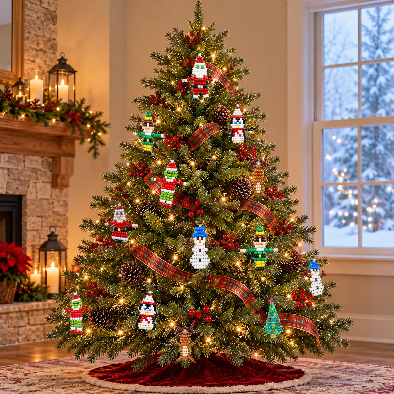Christmas tree decorated with DIY family ornaments made from pony beads