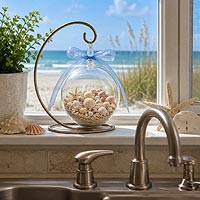 Beach-themed fillable ornament home décor featuring seashells and coastal decorations for windowsills, kitchens, and summer decorating.