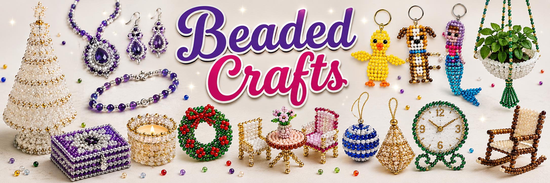 Free beading patterns, projects and instructions for beaded jewelry, bracelets, earrings, keychains, ornaments, decorations, boxes, candle holders and other bead crafts.