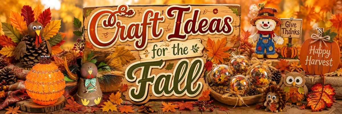 Fall crafts, autumn craft ideas and Thanksgiving crafts with DIY fall decor, pumpkins, leaves, turkey crafts, wood crafts, beading, plastic canvas and handmade decorations.