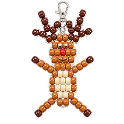 Beaded Rudolph reindeer keychain made with pony beads using a free Christmas craft pattern.